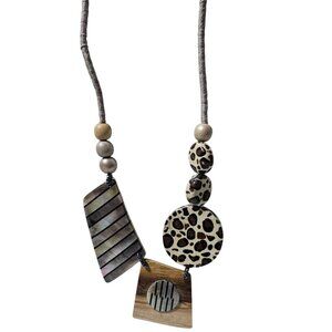 Handcrafted Abstract Pendant Necklace Leopard Print Mother of Pearl Accents